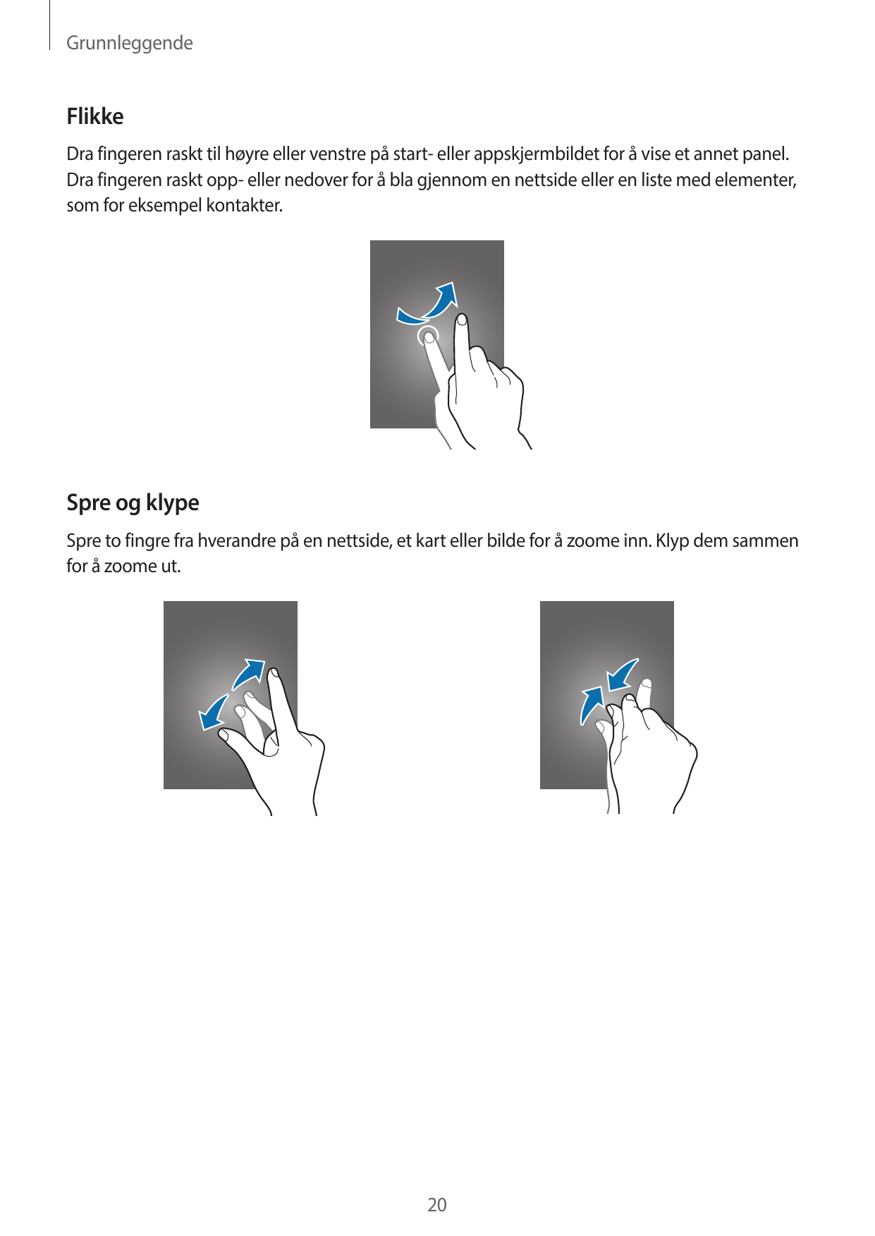 GrunnleggendeFlikkeDra fingeren raskt til høyre eller venstre på start- eller appskjermbildet for å vise et annet panel.Dra fing