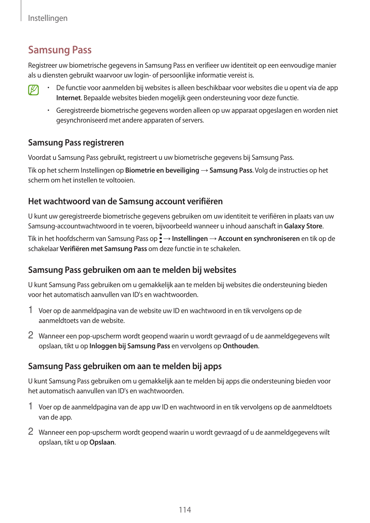 InstellingenSamsung PassRegistreer uw biometrische gegevens in Samsung Pass en verifieer uw identiteit op een eenvoudige maniera