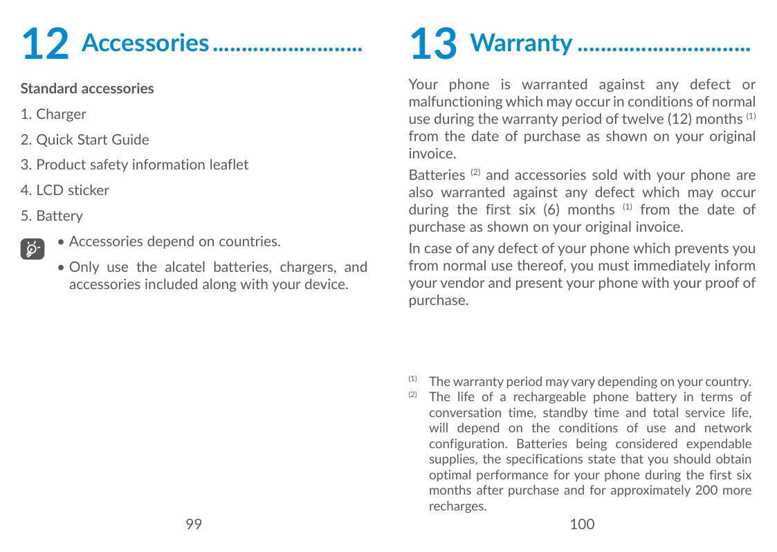 12Accessories...........................13Warranty������������������������������Standard accessoriesYour phone is warranted agai