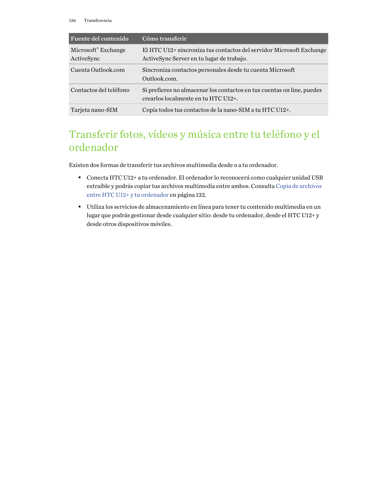136TransferenciaFuente del contenidoCómo transferirMicrosoft® ExchangeActiveSyncEl HTC U12+ sincroniza tus contactos del servido