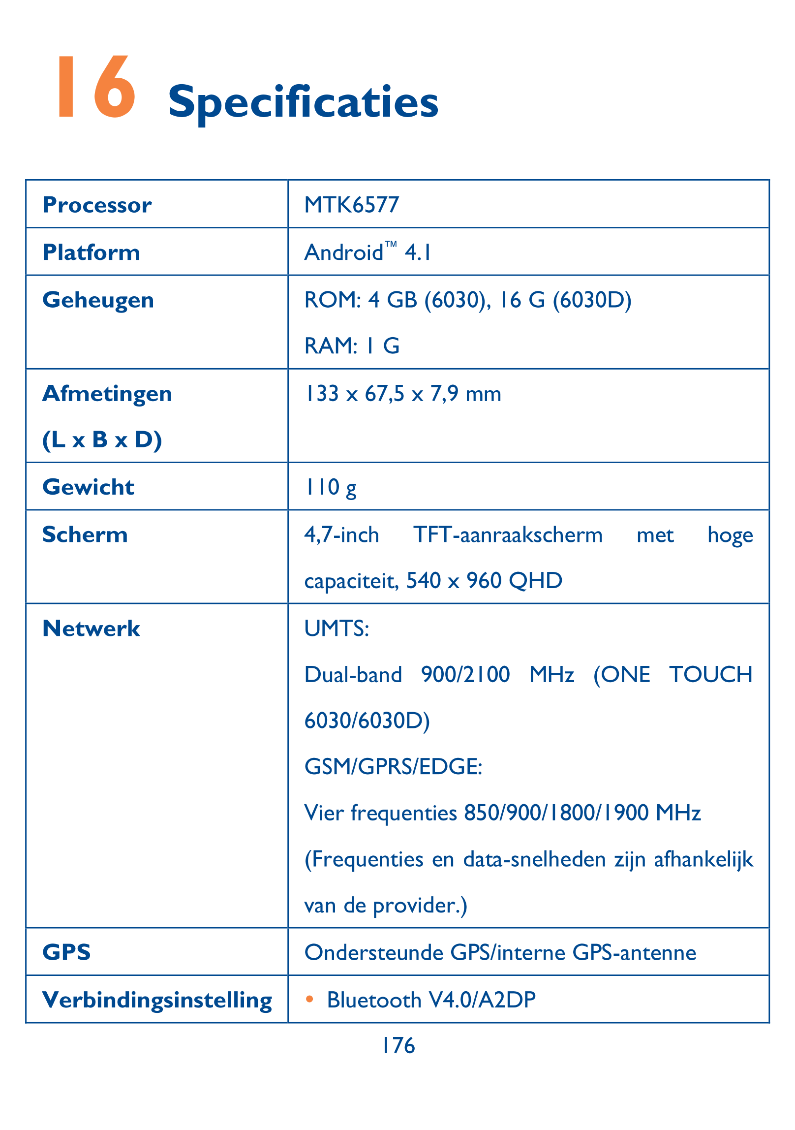 16  Specificaties 
Processor  MTK6577 
Platform  Android™  4.1 
Geheugen  ROM: 4 GB (6030), 16 G (6030D) 
RAM: 1 G 
Afmetingen  