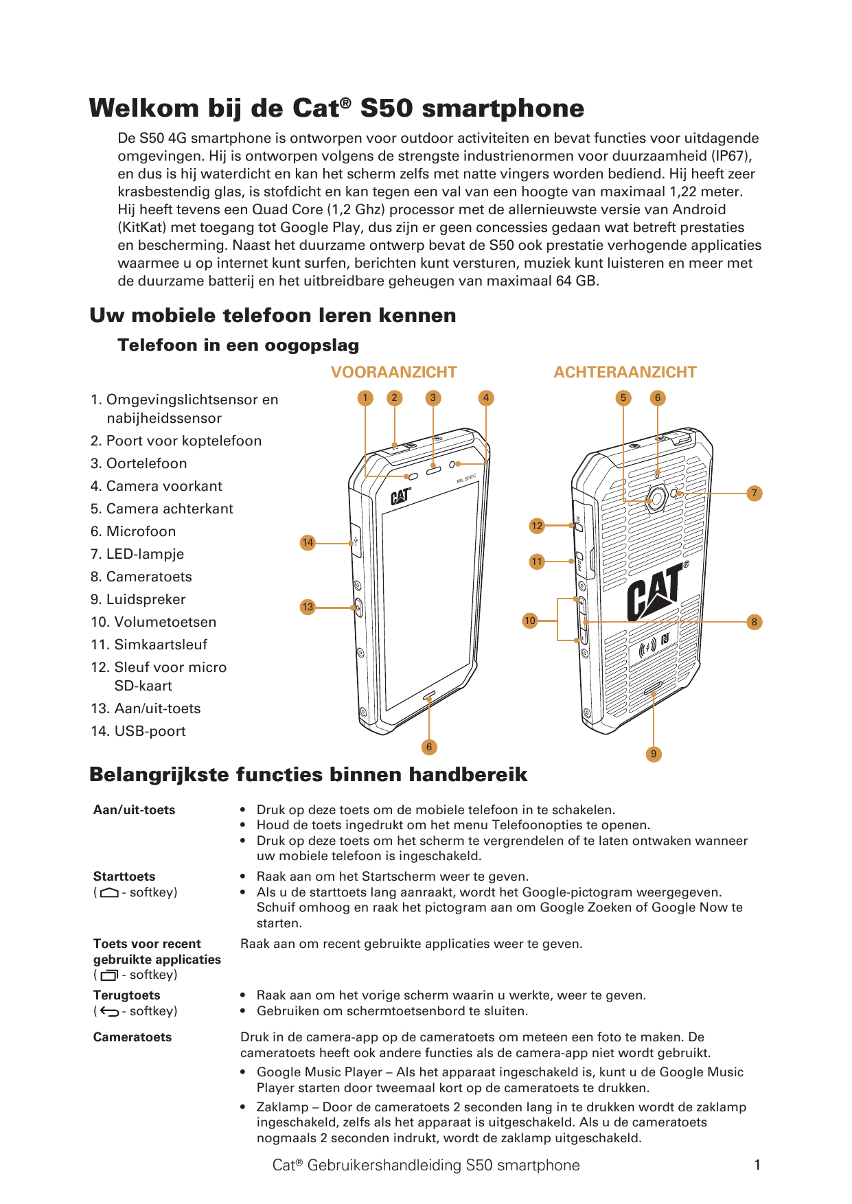 Welkom bij de Cat® S50 smartphoneDe S50 4G smartphone is ontworpen voor outdoor activiteiten en bevat functies voor uitdagendeom