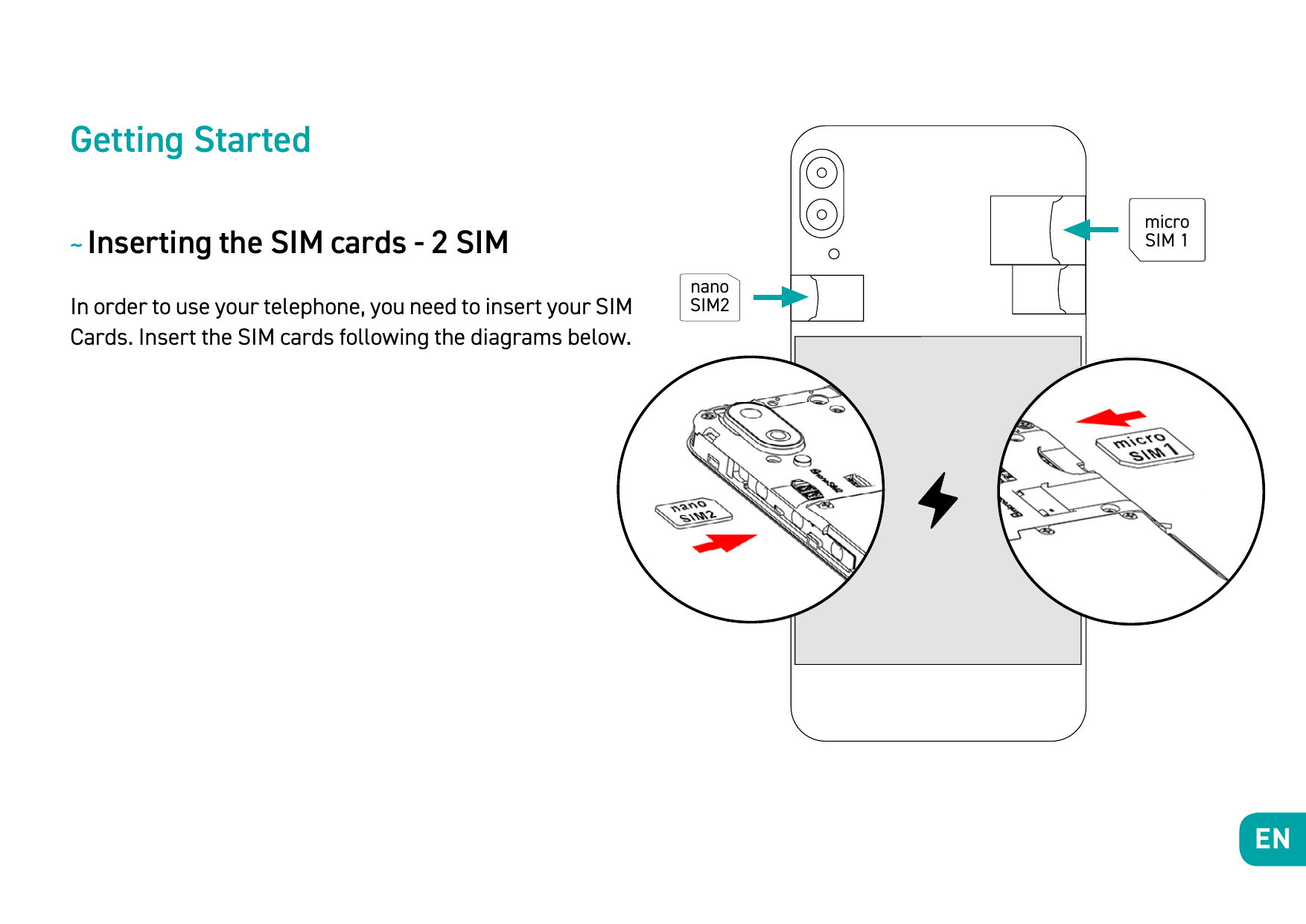 Getting StartedmicroSIM 1~ Inserting the SIM cards - 2 SIMIn order to use your telephone, you need to insert your SIMCards. Inse