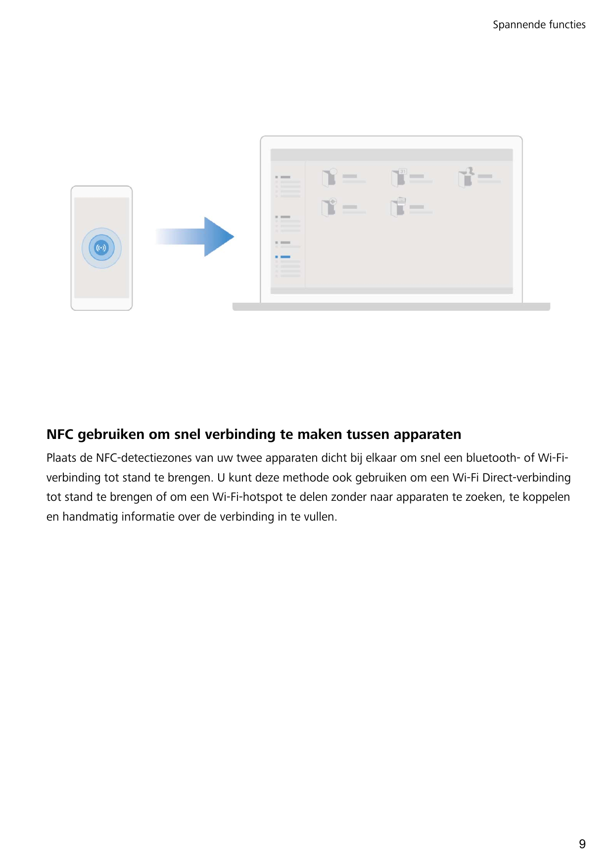 Spannende functiesNFC gebruiken om snel verbinding te maken tussen apparatenPlaats de NFC-detectiezones van uw twee apparaten di