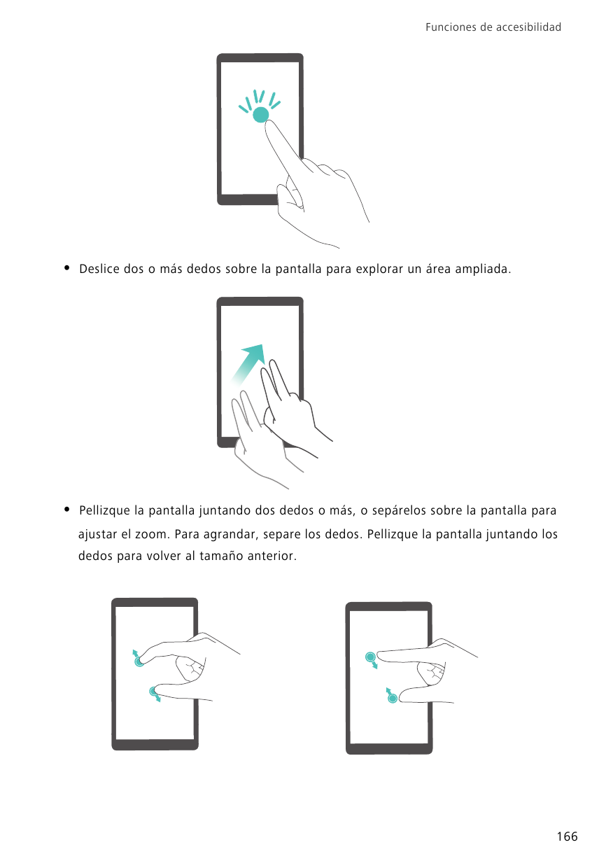 Funciones de accesibilidad•Deslice dos o más dedos sobre la pantalla para explorar un área ampliada.•Pellizque la pantalla junta