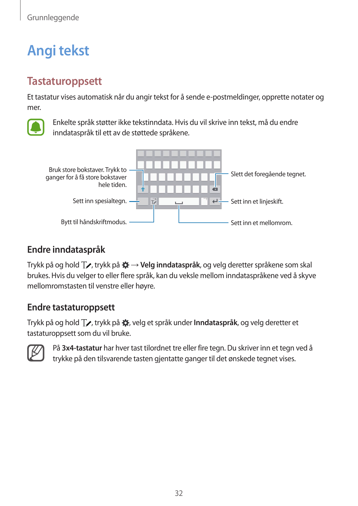 GrunnleggendeAngi tekstTastaturoppsettEt tastatur vises automatisk når du angir tekst for å sende e-postmeldinger, opprette nota