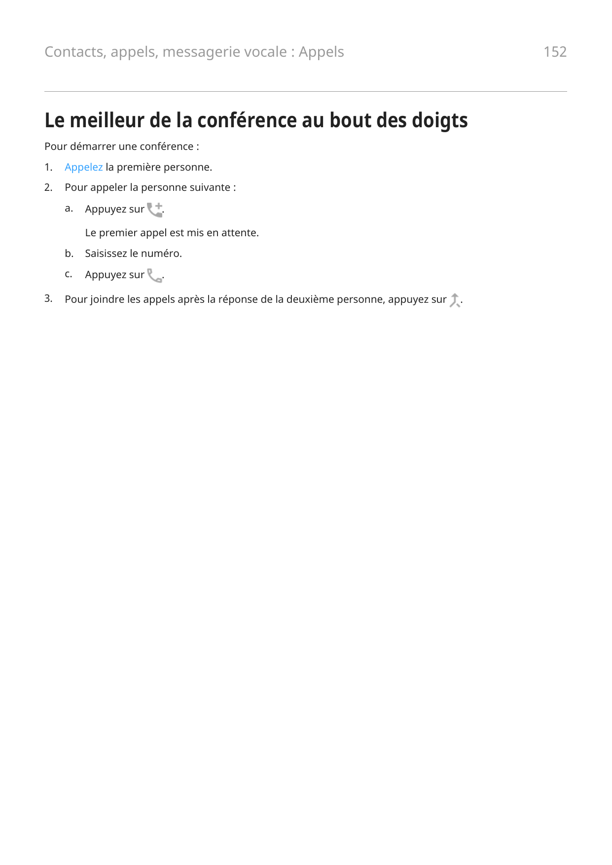 Contacts, appels, messagerie vocale : Appels152Le meilleur de la conférence au bout des doigtsPour démarrer une conférence :1.Ap