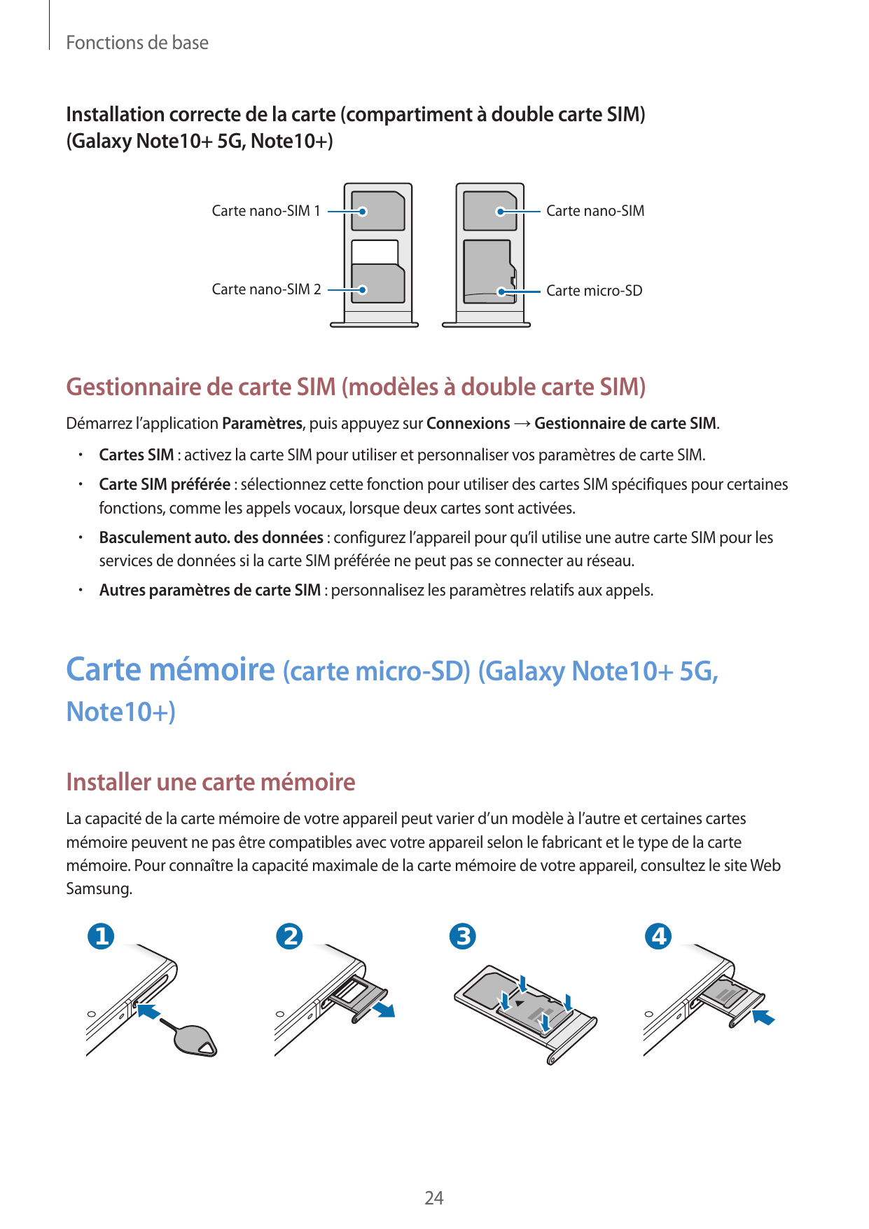 Fonctions de baseInstallation correcte de la carte (compartiment à double carte SIM)(Galaxy Note10+ 5G, Note10+)Carte nano-SIM 1