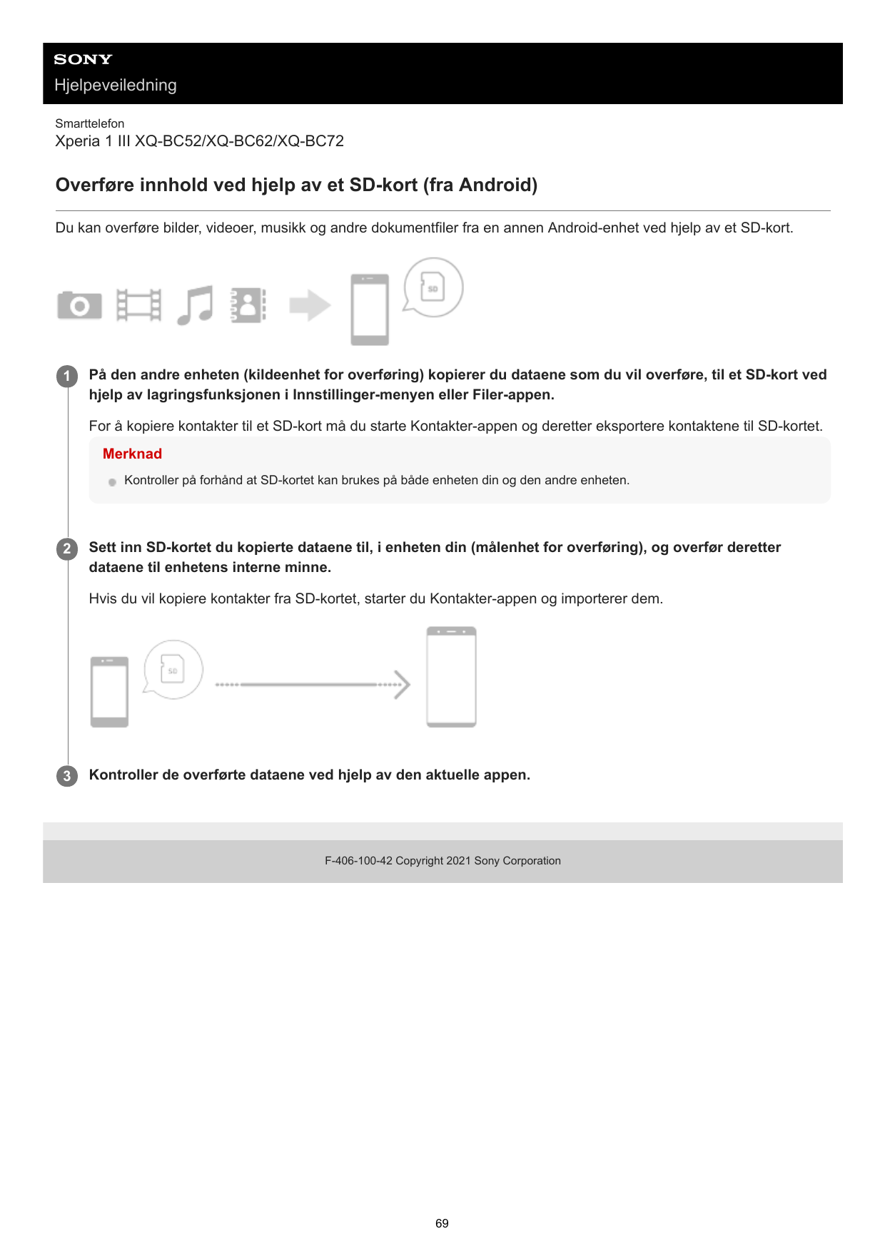 HjelpeveiledningSmarttelefonXperia 1 III XQ-BC52/XQ-BC62/XQ-BC72Overføre innhold ved hjelp av et SD-kort (fra Android)Du kan ove