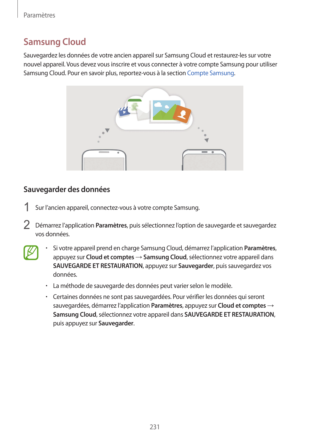 ParamètresSamsung CloudSauvegardez les données de votre ancien appareil sur Samsung Cloud et restaurez-les sur votrenouvel appar