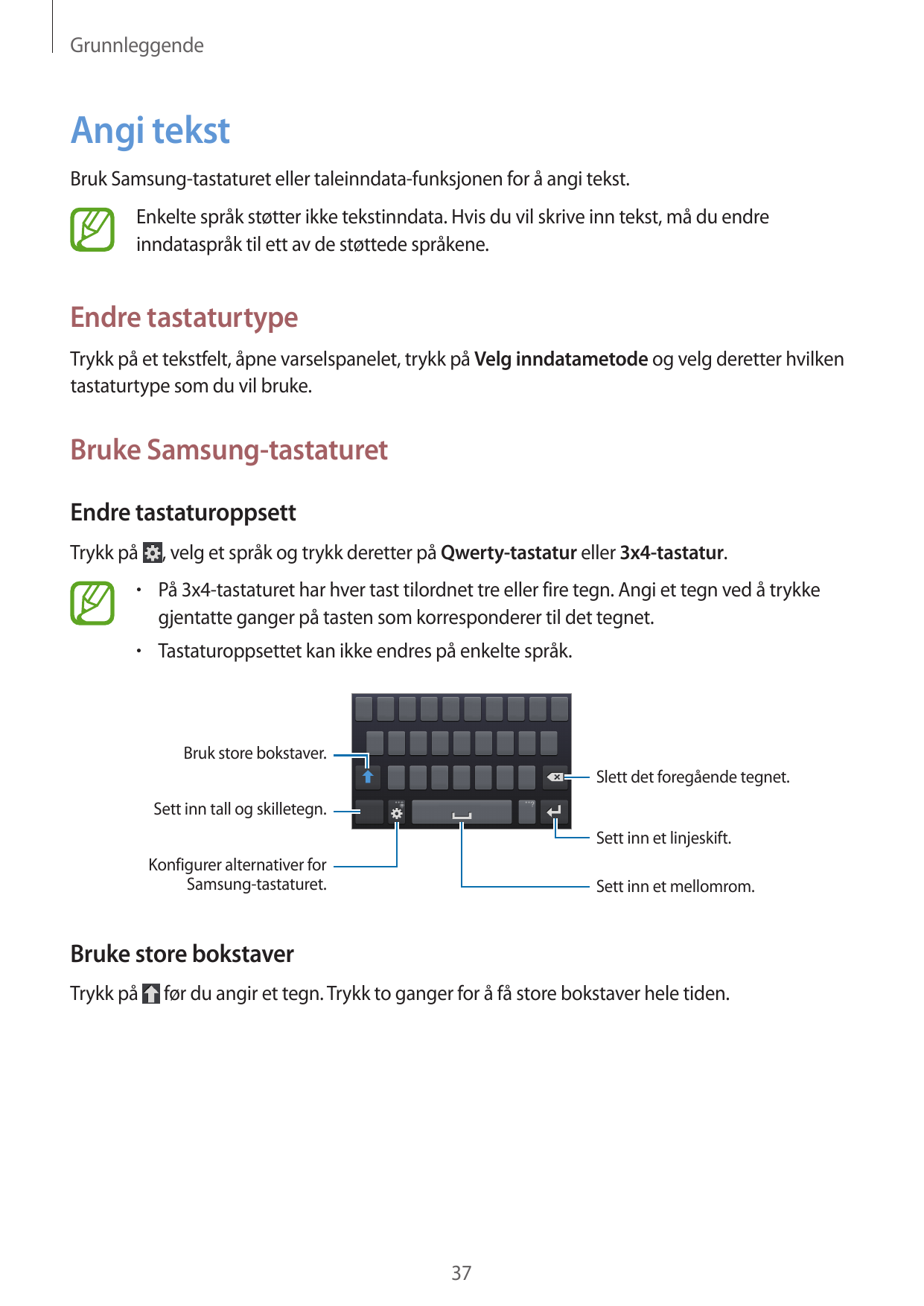 GrunnleggendeAngi tekstBruk Samsung-tastaturet eller taleinndata-funksjonen for å angi tekst.Enkelte språk støtter ikke tekstinn