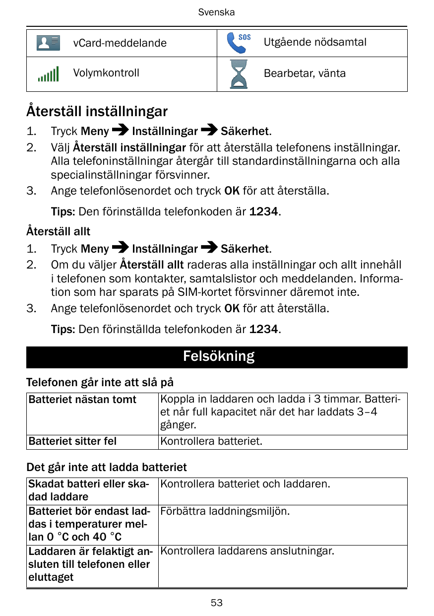 SvenskavCard-meddelandeUtgående nödsamtalVolymkontrollBearbetar, väntaÅterställ inställningar1.2.3.Tryck MenyInställningarSäkerh