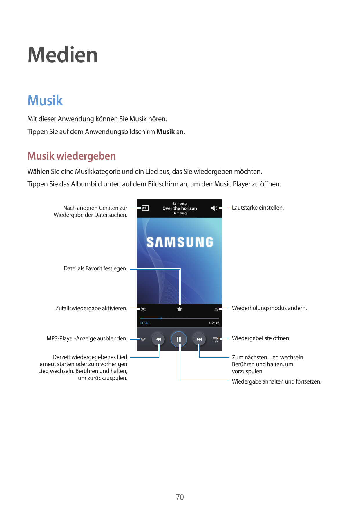 MedienMusikMit dieser Anwendung können Sie Musik hören.Tippen Sie auf dem Anwendungsbildschirm Musik an.Musik wiedergebenWählen 