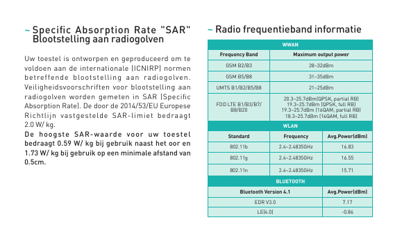 ~ S pecific Absorption Rate "SAR"Blootstelling aan radiogolvenUw toestel is ontworpen en geproduceerd om tevoldoen aan de intern
