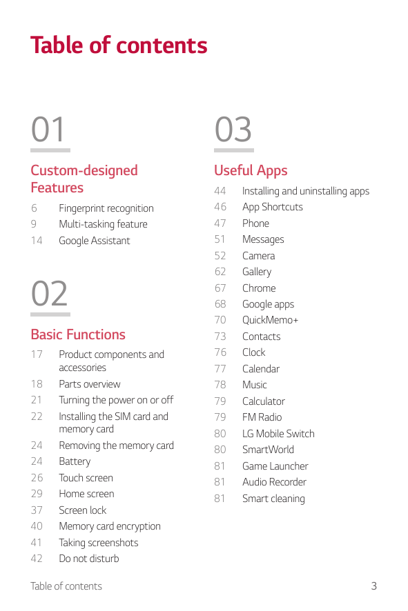 Table of contents0103Custom-designedFeaturesUseful Apps6914Fingerprint recognitionMulti-tasking featureGoogle Assistant02Basic F