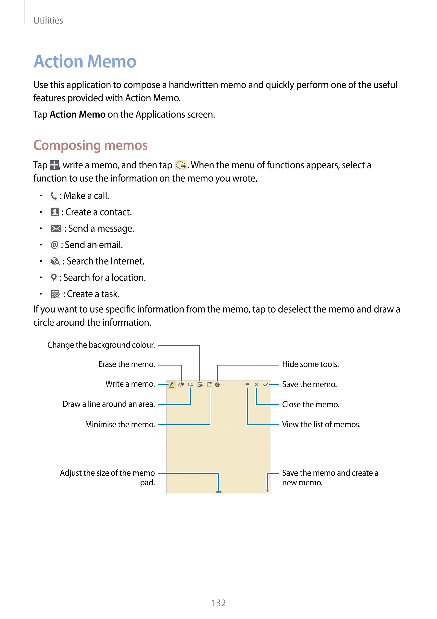 Utilities
Action Memo
Use this application to compose a handwritten memo and quickly perform one of the useful 
features provide
