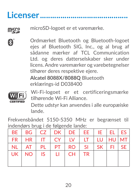 Licenser............................................microSD-logoet er et varemærke. rdmærket Bluetooth og Bluetooth-logoetOejes 