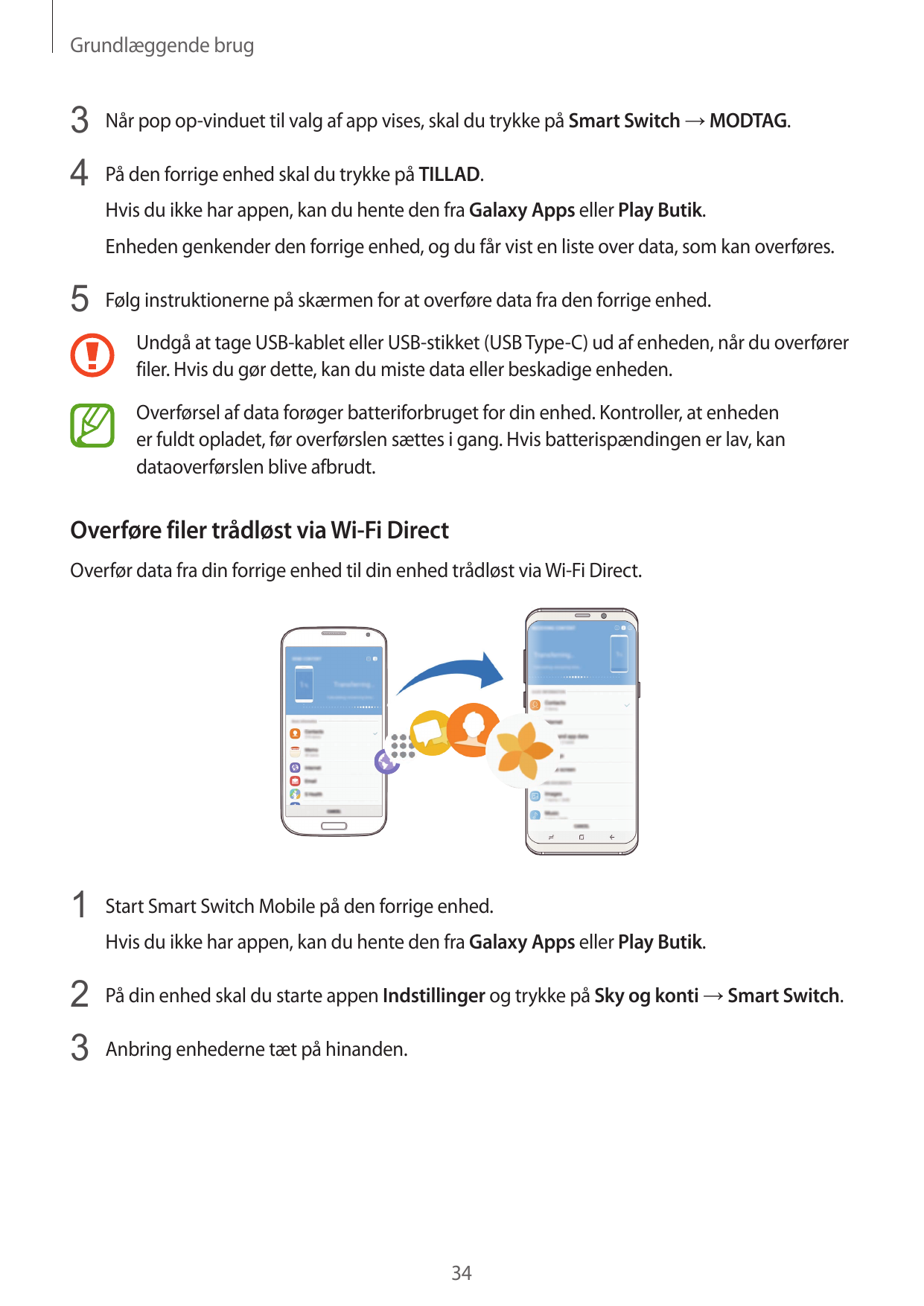 Grundlæggende brug3 Når pop op-vinduet til valg af app vises, skal du trykke på Smart Switch → MODTAG.4 På den forrige enhed ska