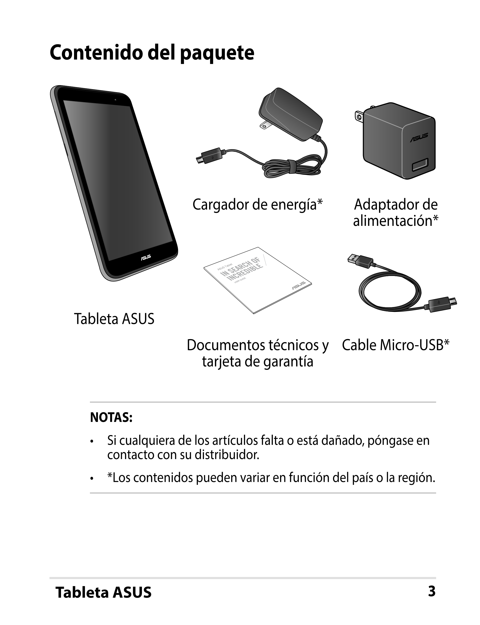 Contenido del paquete
Cargador de energía* Adaptador de 
alimentación*
ASUS Tablet
USER GUIDE
Tableta ASUS
Documentos técnicos y