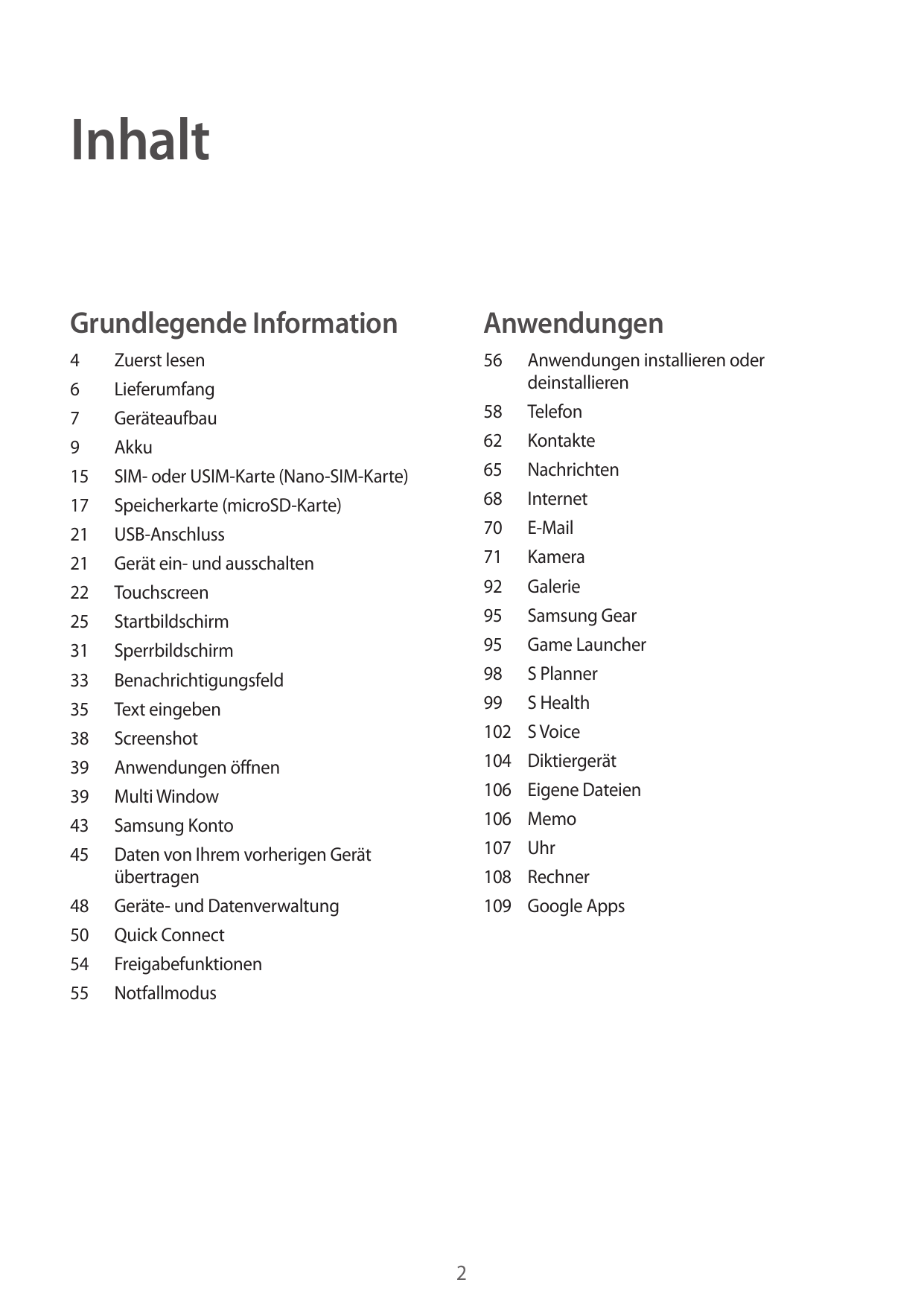 InhaltGrundlegende InformationAnwendungen4Zuerst lesen6Lieferumfang7Geräteaufbau9Akku15 SIM- oder USIM-Karte (Nano-SIM-Karte)17 