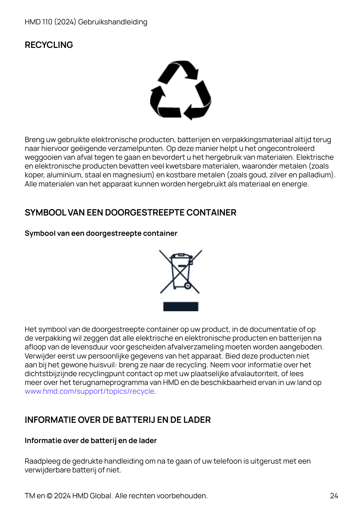 HMD 110 (2024) GebruikshandleidingRECYCLINGBreng uw gebruikte elektronische producten, ba�erijen en verpakkingsmateriaal altijd 