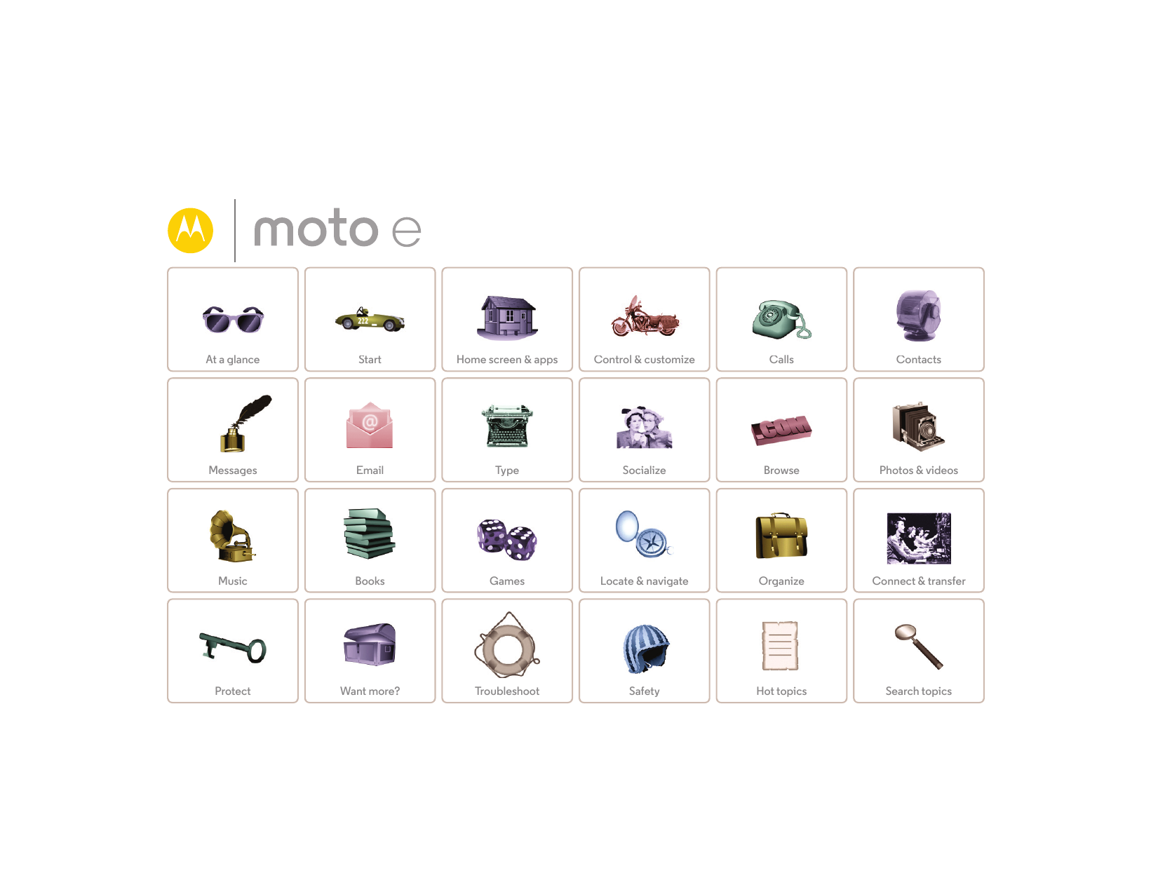 Moto EAt a glanceStarttStHome screen & appsControl & customizeCallsContactsMessagesEmailTypeSocializeBrowsePhotos & videosMusicB