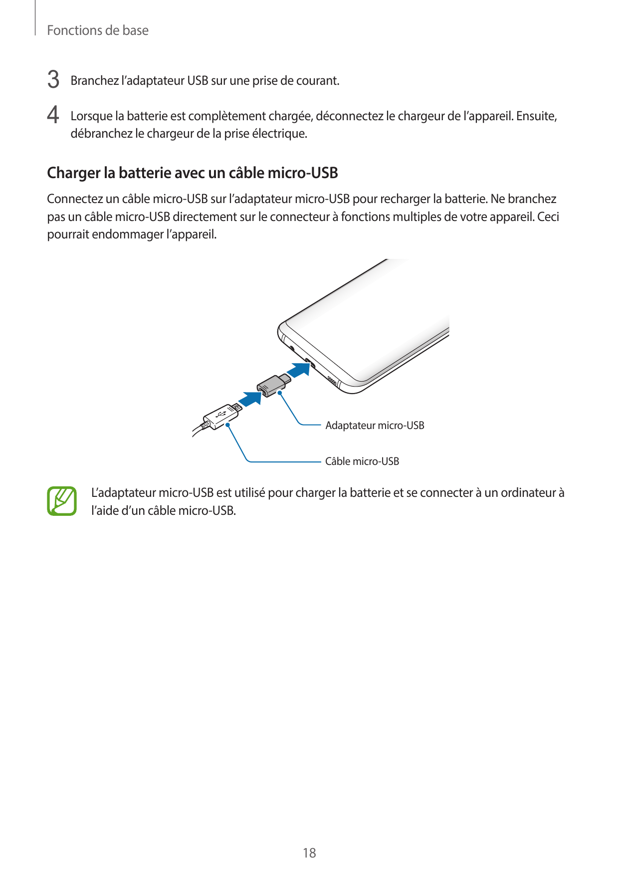 Fonctions de base3 Branchez l’adaptateur USB sur une prise de courant.4 Lorsque la batterie est complètement chargée, déconnecte
