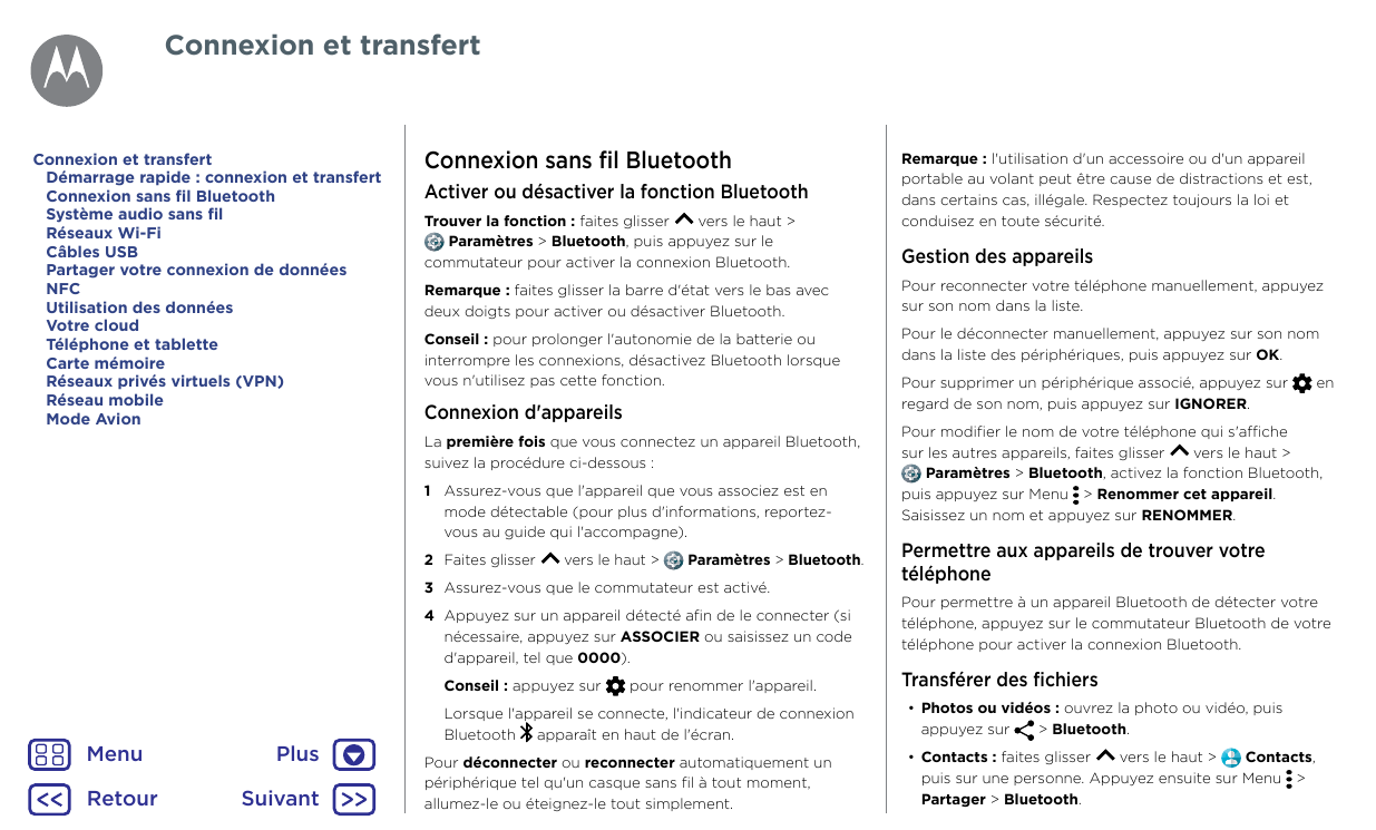 Connexion et transfertConnexion et transfertDémarrage rapide : connexion et transfertConnexion sans fil BluetoothSystème audio s
