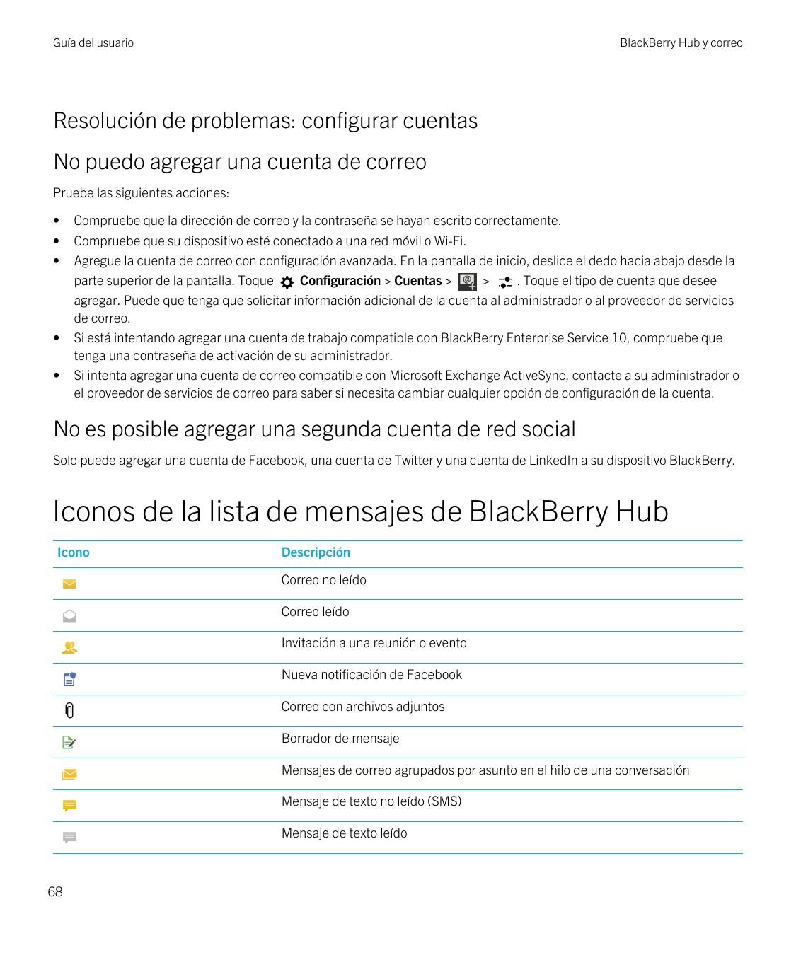 Guía del usuarioBlackBerry Hub y correoResolución de problemas: configurar cuentasNo puedo agregar una cuenta de correoPruebe la
