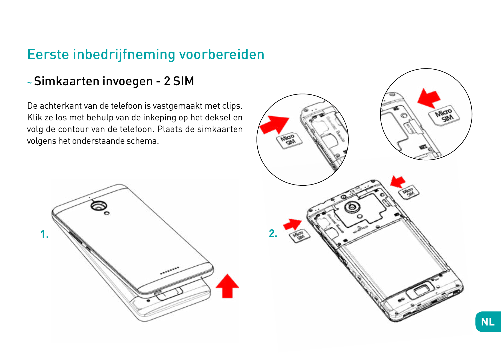 Eerste inbedrijfneming voorbereiden~ Simkaarten invoegen - 2 SIMDe achterkant van de telefoon is vastgemaakt met clips.Klik ze l