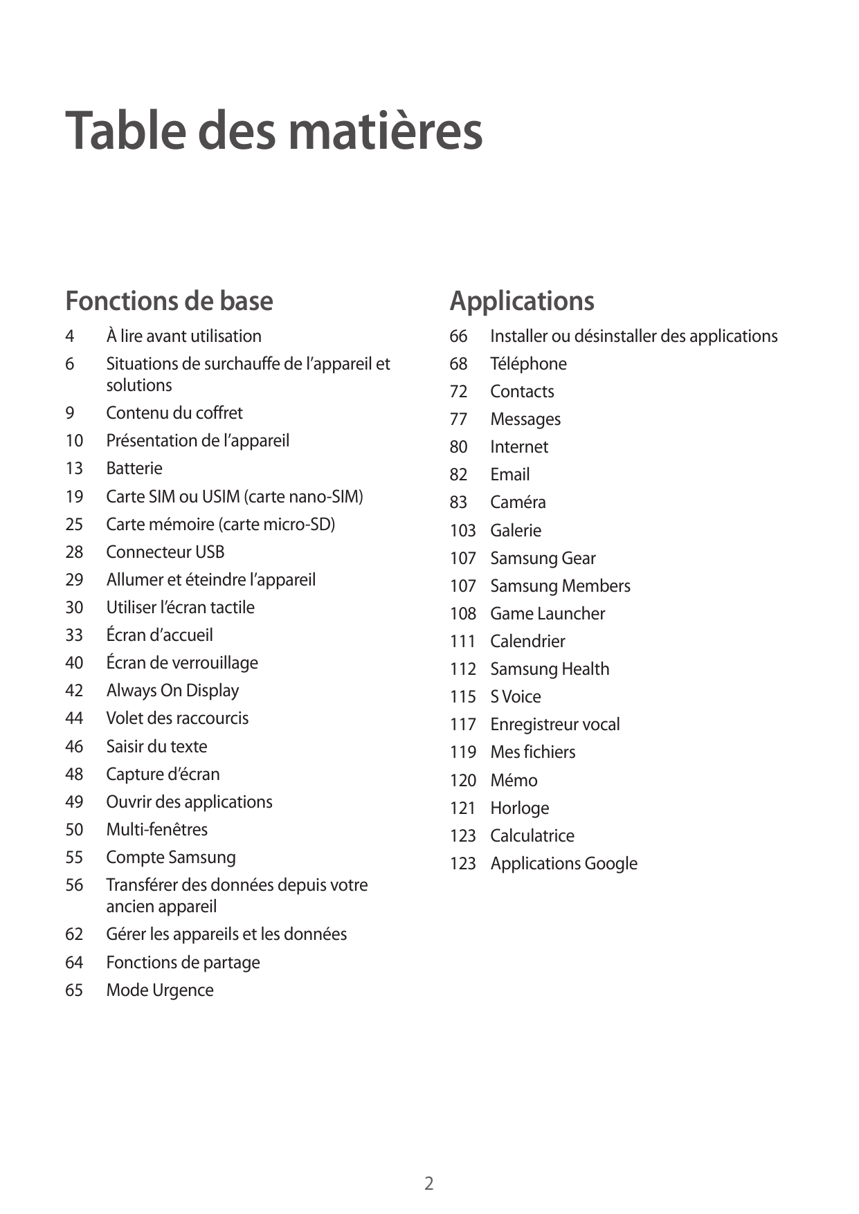 Table des matièresFonctions de baseApplications4666 Installer ou désinstaller des applications68Téléphone72Contacts77Messages80I