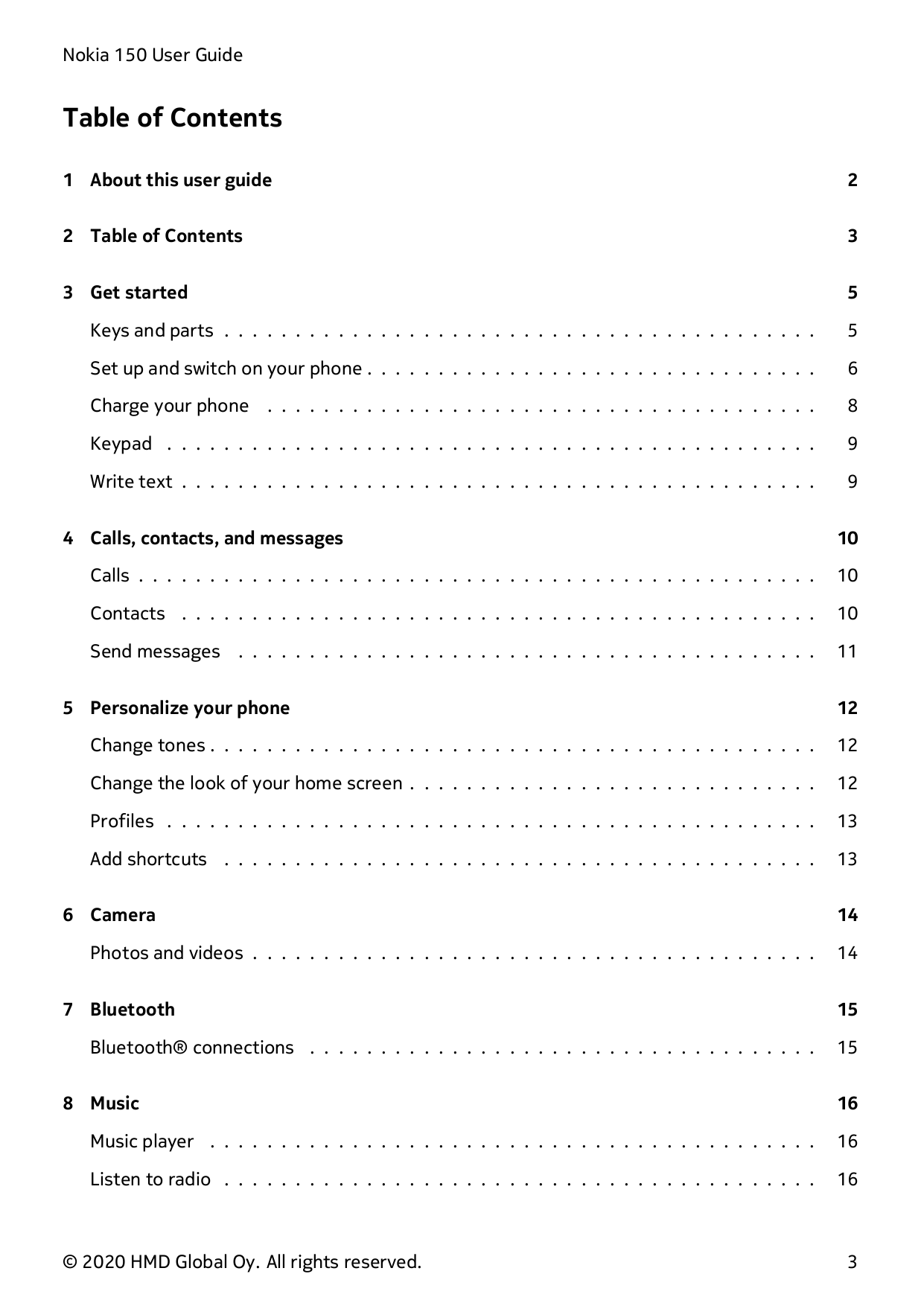 Nokia 150 User GuideTable of Contents1 About this user guide22 Table of Contents33 Get started5Keys and parts . . . . . . . . . 