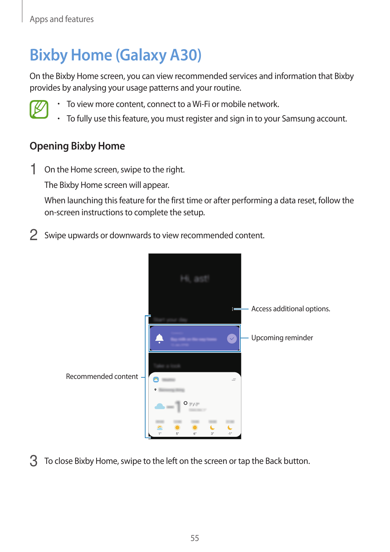 Apps and featuresBixby Home (Galaxy A30)On the Bixby Home screen, you can view recommended services and information that Bixbypr