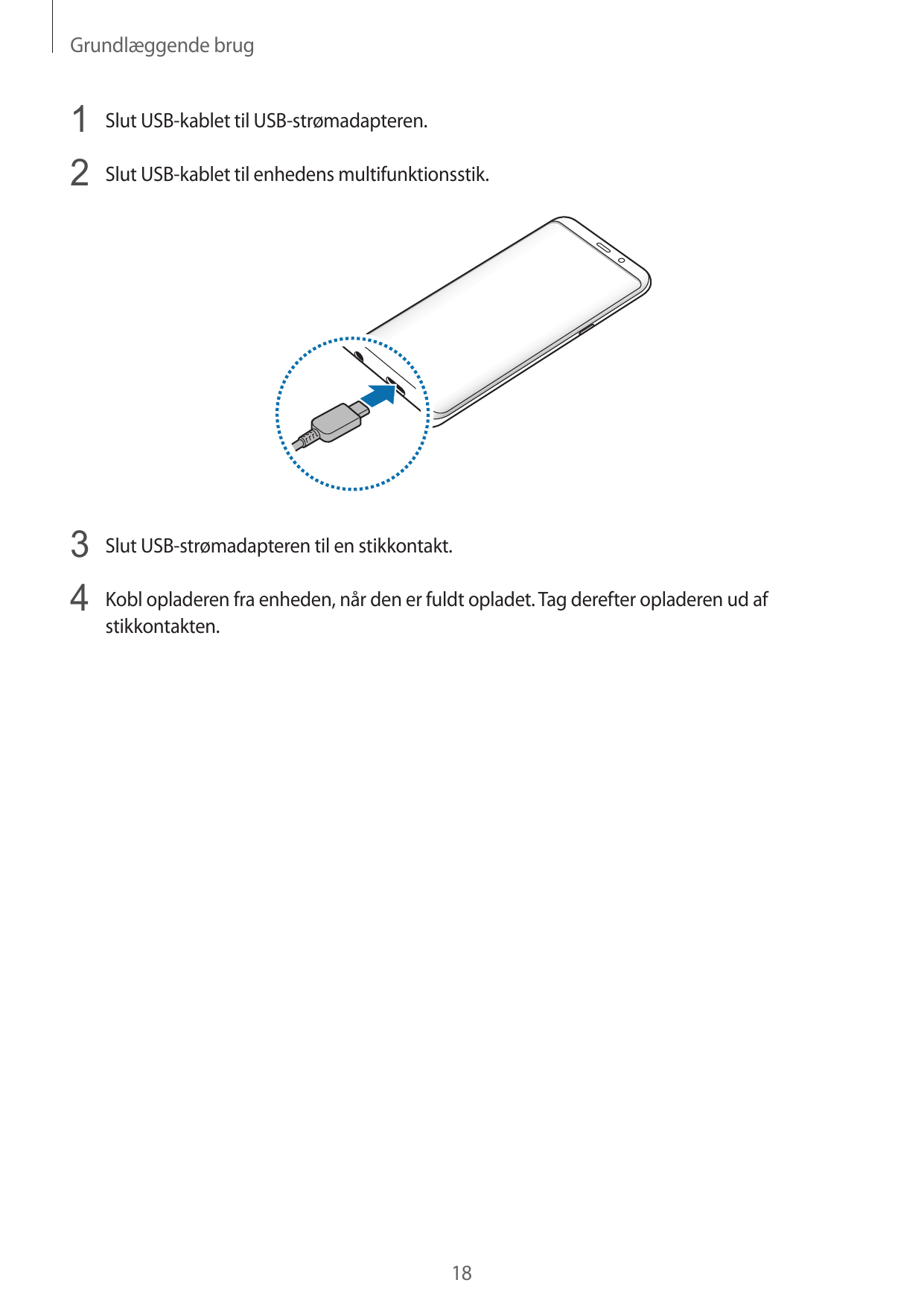 Grundlæggende brug1 Slut USB-kablet til USB-strømadapteren.2 Slut USB-kablet til enhedens multifunktionsstik.3 Slut USB-strømada