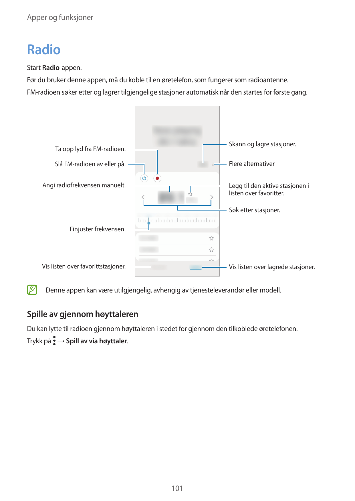 Apper og funksjonerRadioStart Radio-appen.Før du bruker denne appen, må du koble til en øretelefon, som fungerer som radioantenn