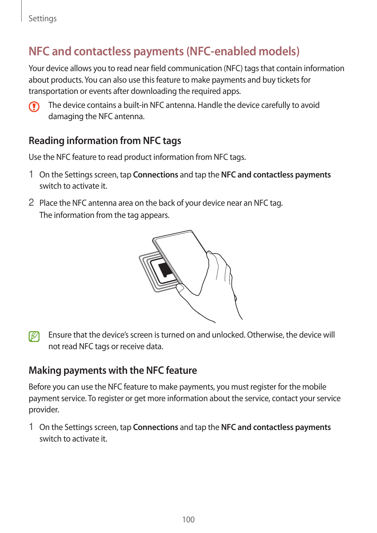 SettingsNFC and contactless payments (NFC-enabled models)Your device allows you to read near field communication (NFC) tags that