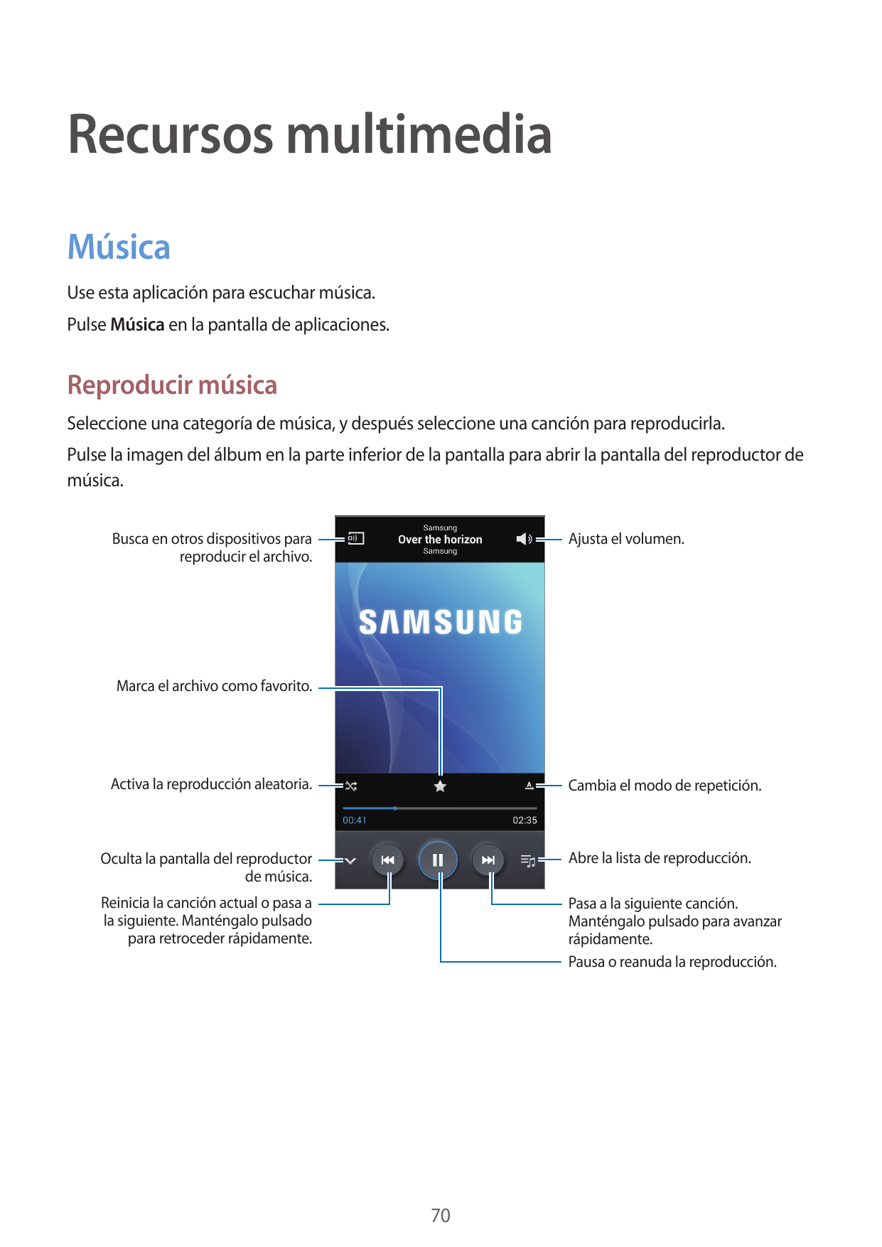 Recursos multimediaMúsicaUse esta aplicación para escuchar música.Pulse Música en la pantalla de aplicaciones.Reproducir músicaS