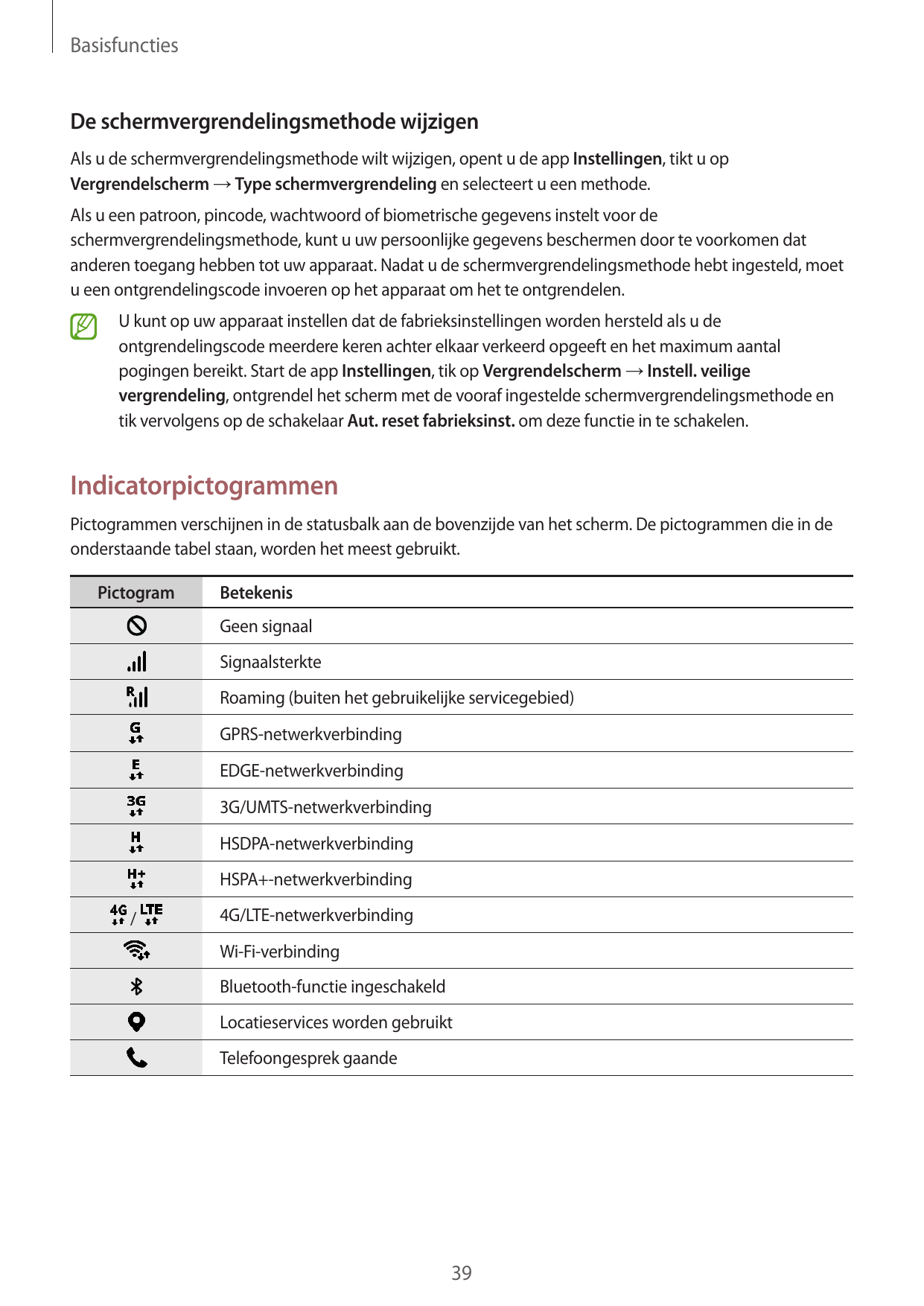 BasisfunctiesDe schermvergrendelingsmethode wijzigenAls u de schermvergrendelingsmethode wilt wijzigen, opent u de app Instellin