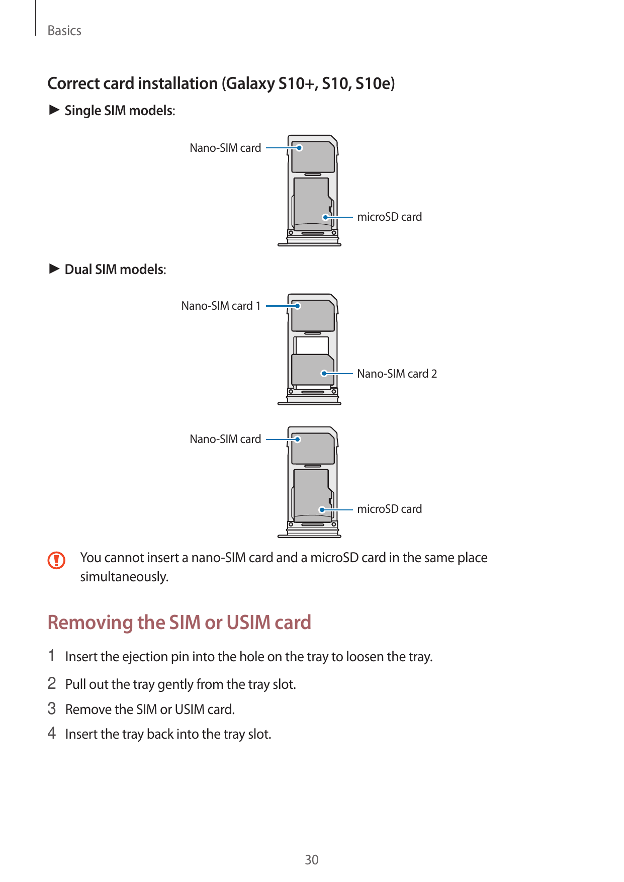 BasicsCorrect card installation (Galaxy S10+, S10, S10e)► Single SIM models:Nano-SIM cardmicroSD card► Dual SIM models:Nano-SIM 