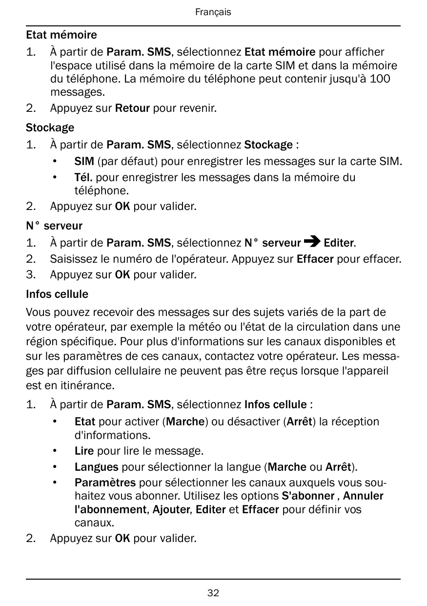 FrançaisEtat mémoire1. À partir de Param. SMS, sélectionnez Etat mémoire pour afficherl'espace utilisé dans la mémoire de la car