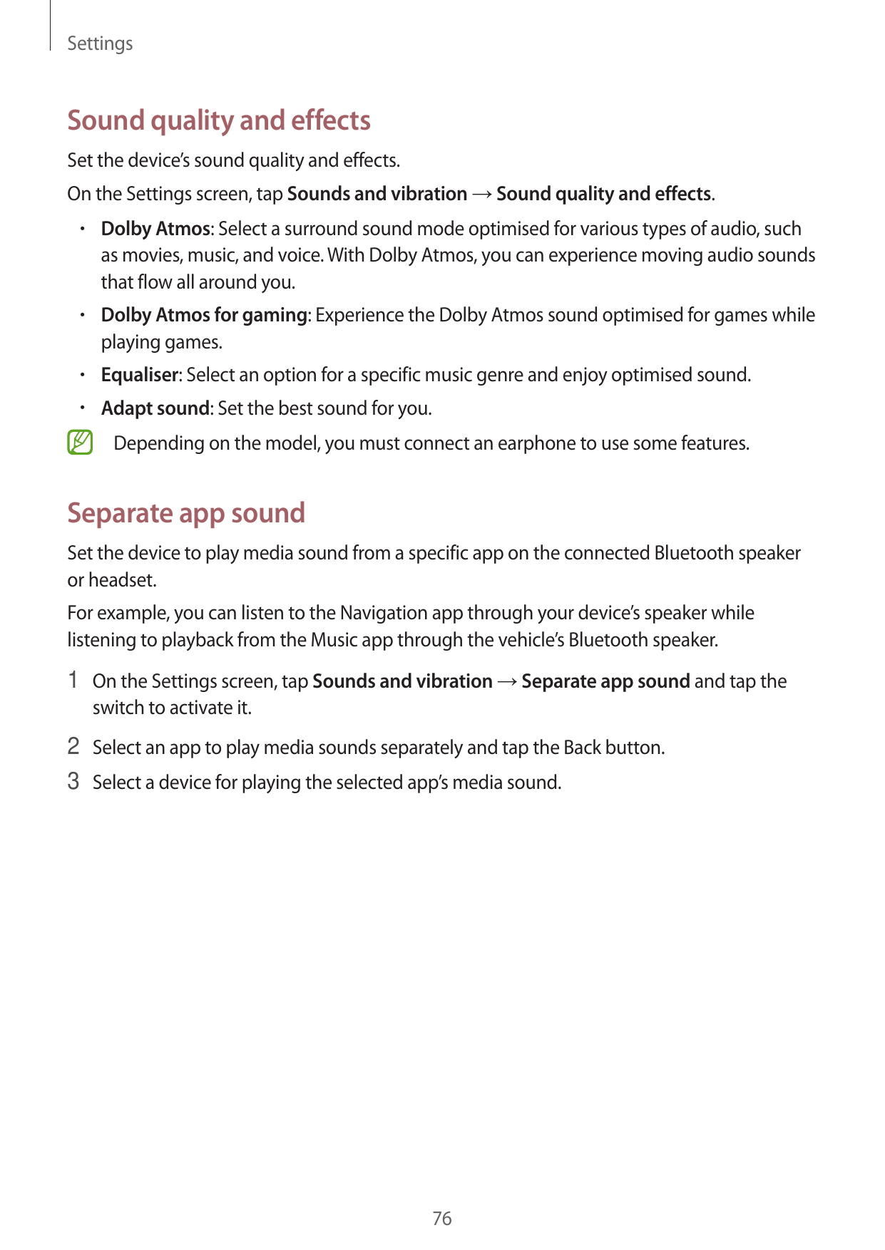 SettingsSound quality and effectsSet the device’s sound quality and effects.On the Settings screen, tap Sounds and vibration → S