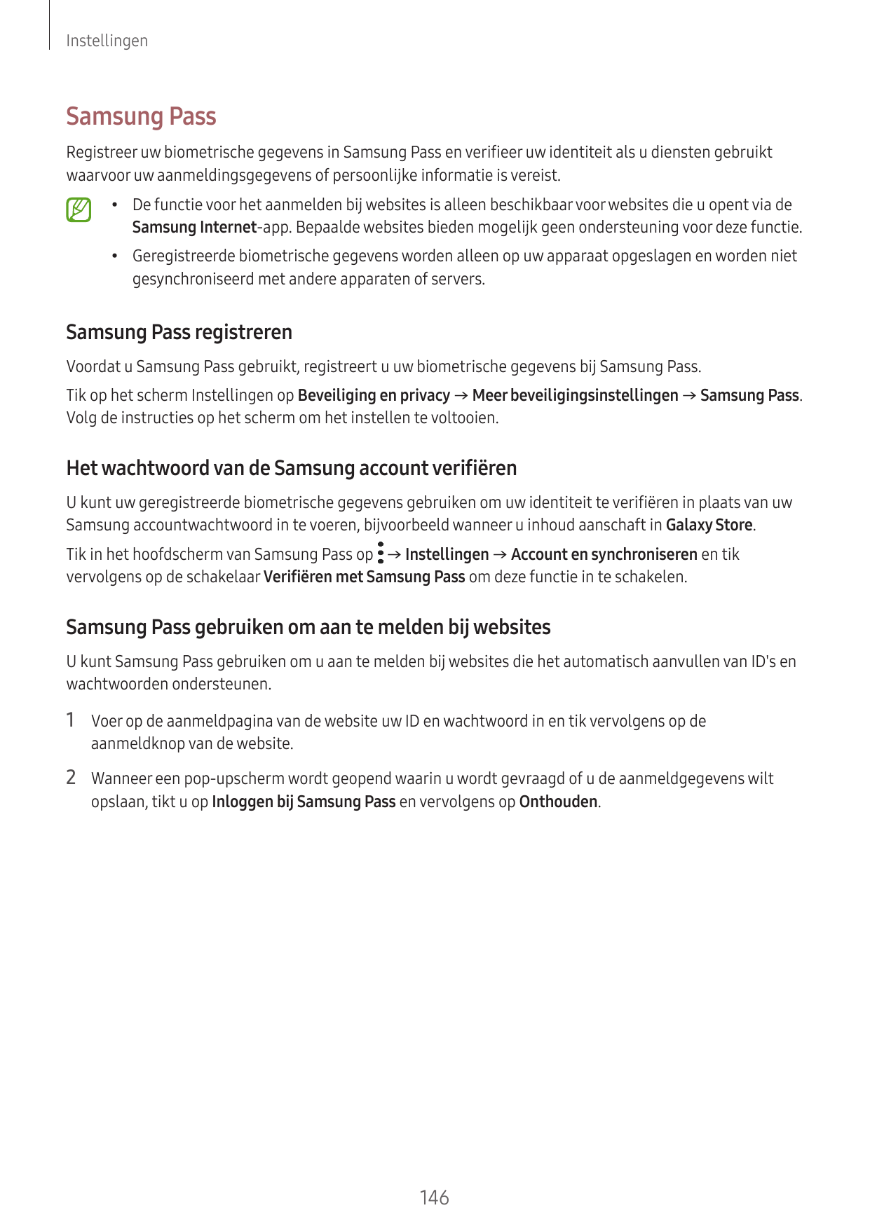 InstellingenSamsung PassRegistreer uw biometrische gegevens in Samsung Pass en verifieer uw identiteit als u diensten gebruiktwa