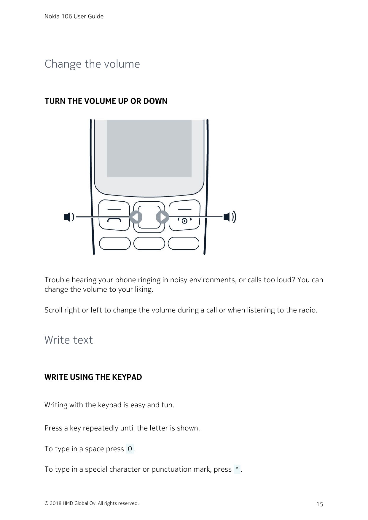 Nokia 106 User GuideChange the volumeTURN THE VOLUME UP OR DOWNTrouble hearing your phone ringing in noisy environments, or call