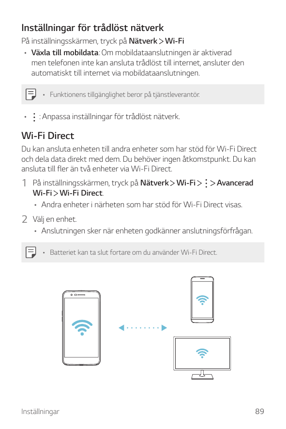 Inställningar för trådlöst nätverkPå inställningsskärmen, tryck på Nätverk Wi-Fi• Växla till mobildata: Om mobildataanslutningen