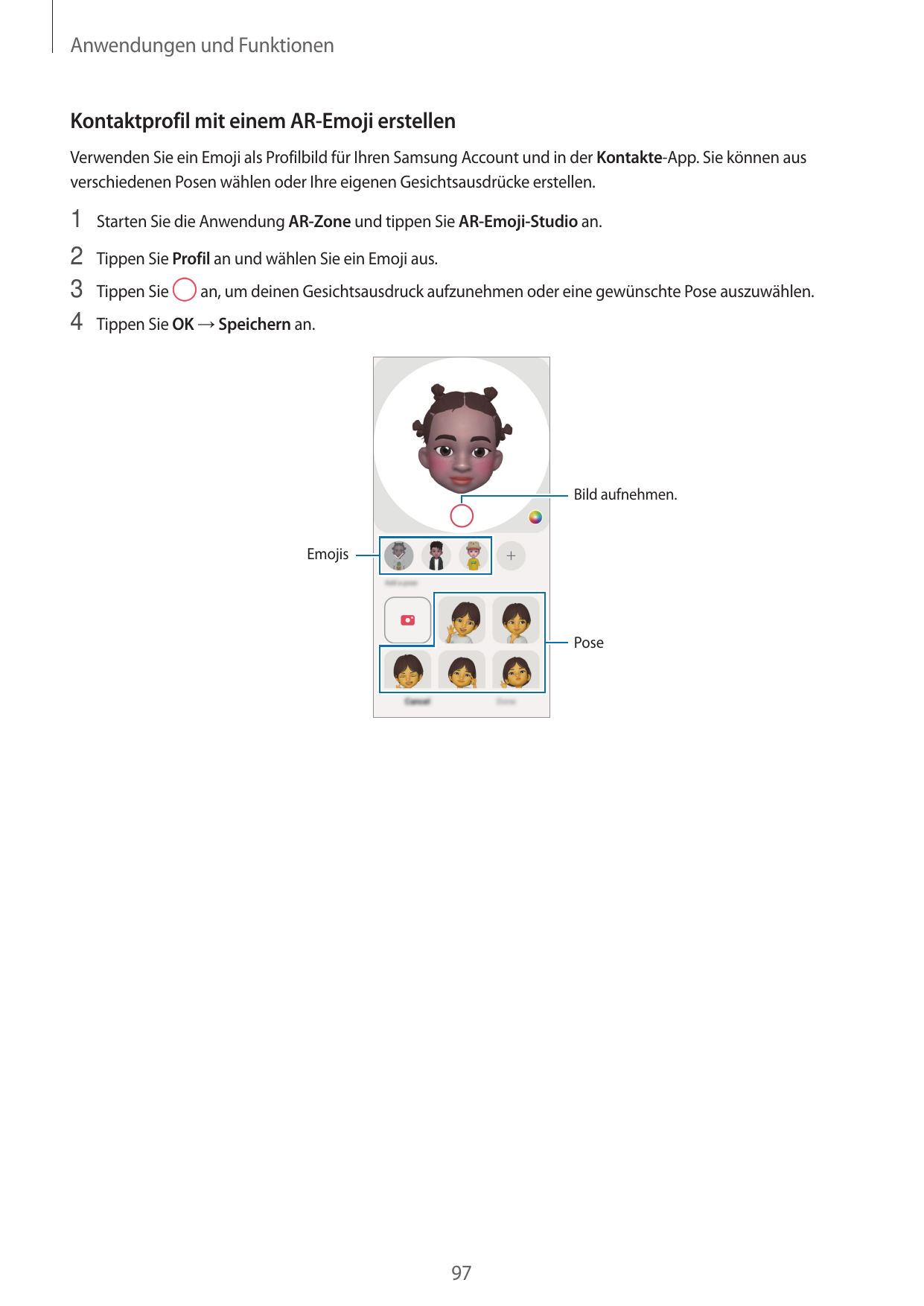 Anwendungen und FunktionenKontaktprofil mit einem AR-Emoji erstellenVerwenden Sie ein Emoji als Profilbild für Ihren Samsung Acc