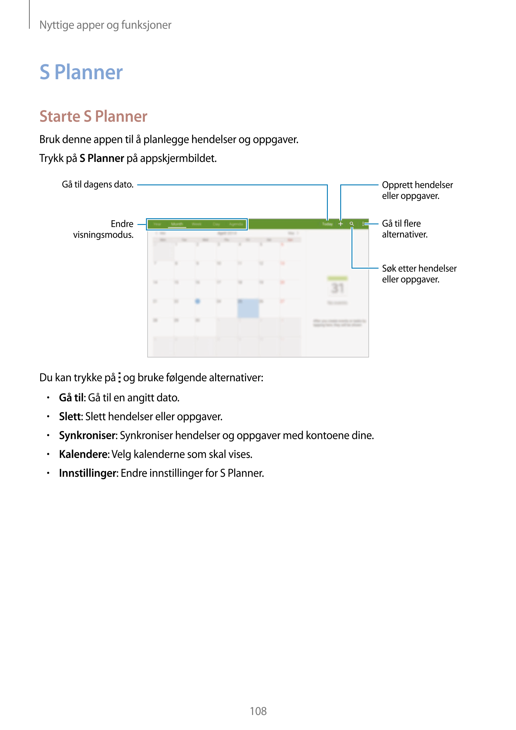Nyttige apper og funksjoner
S Planner
Starte S Planner
Bruk denne appen til å planlegge hendelser og oppgaver.
Trykk på  S Plann
