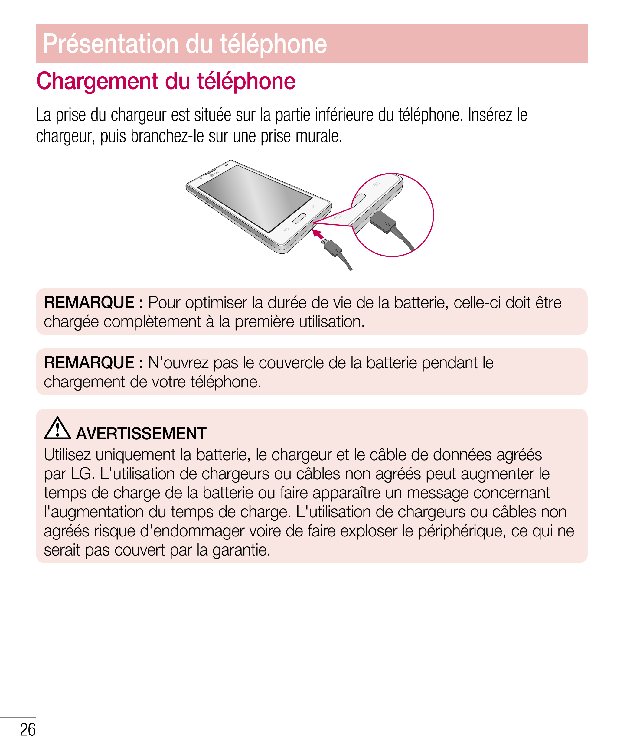 Présentation du téléphone
Chargement du téléphone
La prise du chargeur est située sur la partie inférieure du téléphone. Insérez