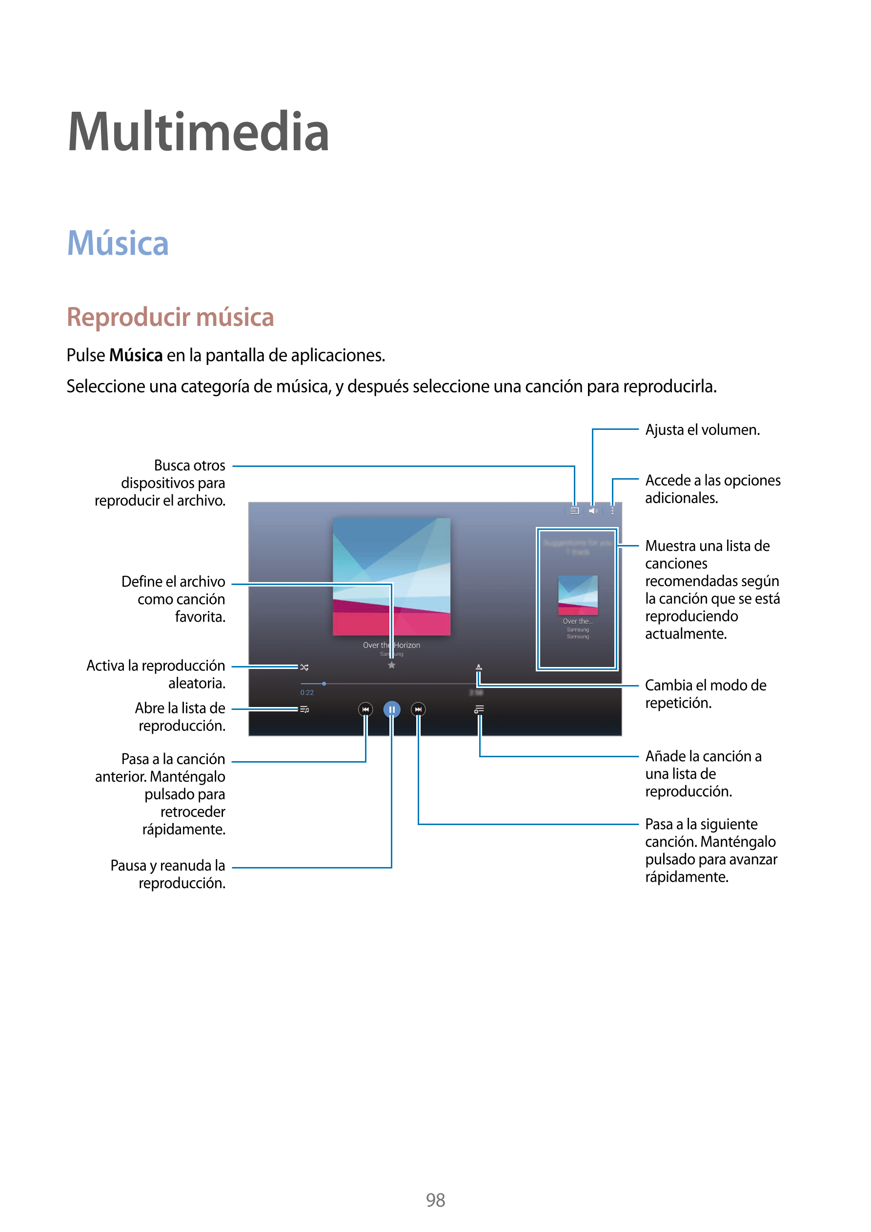Multimedia
Música
Reproducir música
Pulse  Música en la pantalla de aplicaciones.
Seleccione una categoría de música, y después 