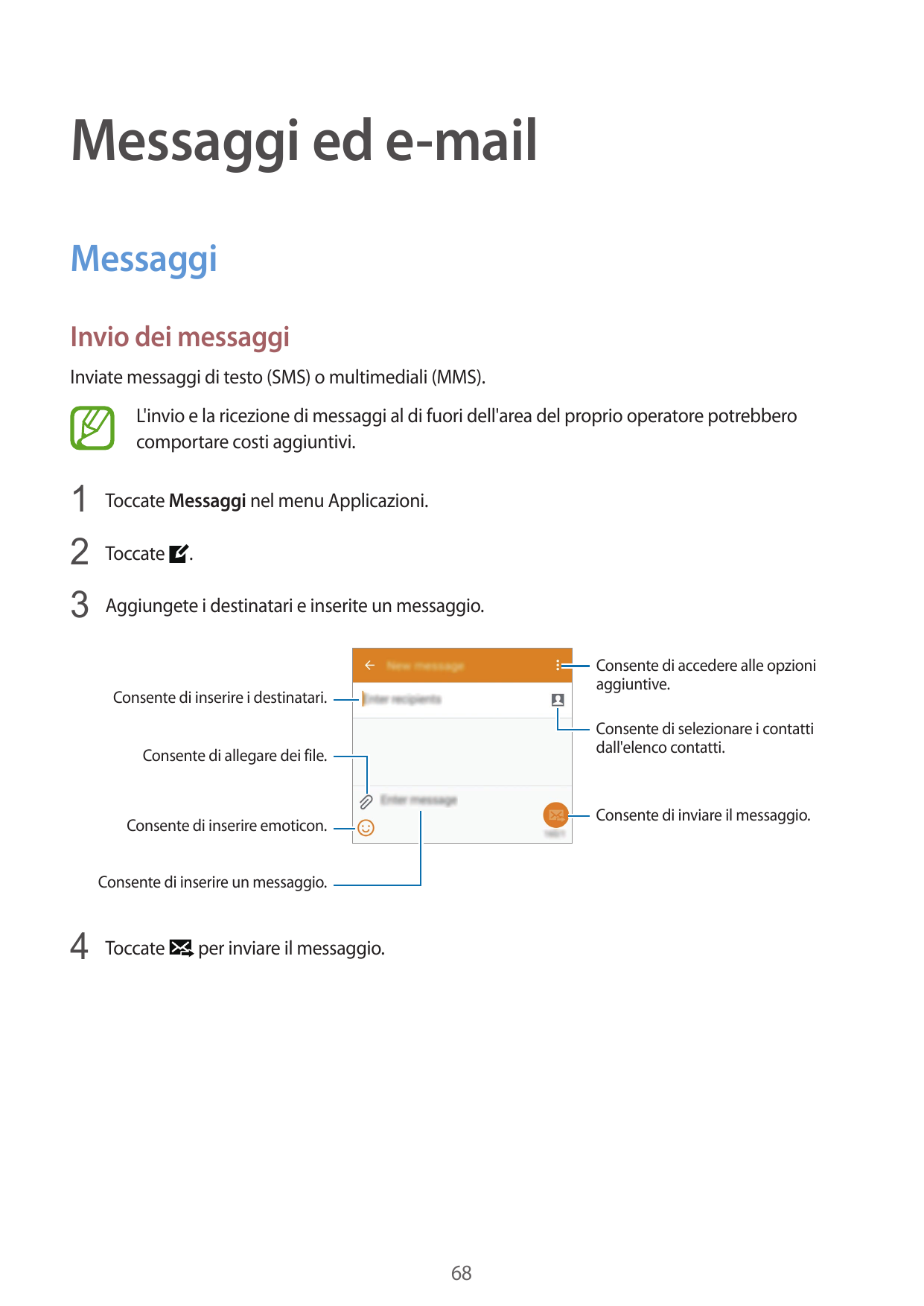 Messaggi ed e-mailMessaggiInvio dei messaggiInviate messaggi di testo (SMS) o multimediali (MMS).L'invio e la ricezione di messa