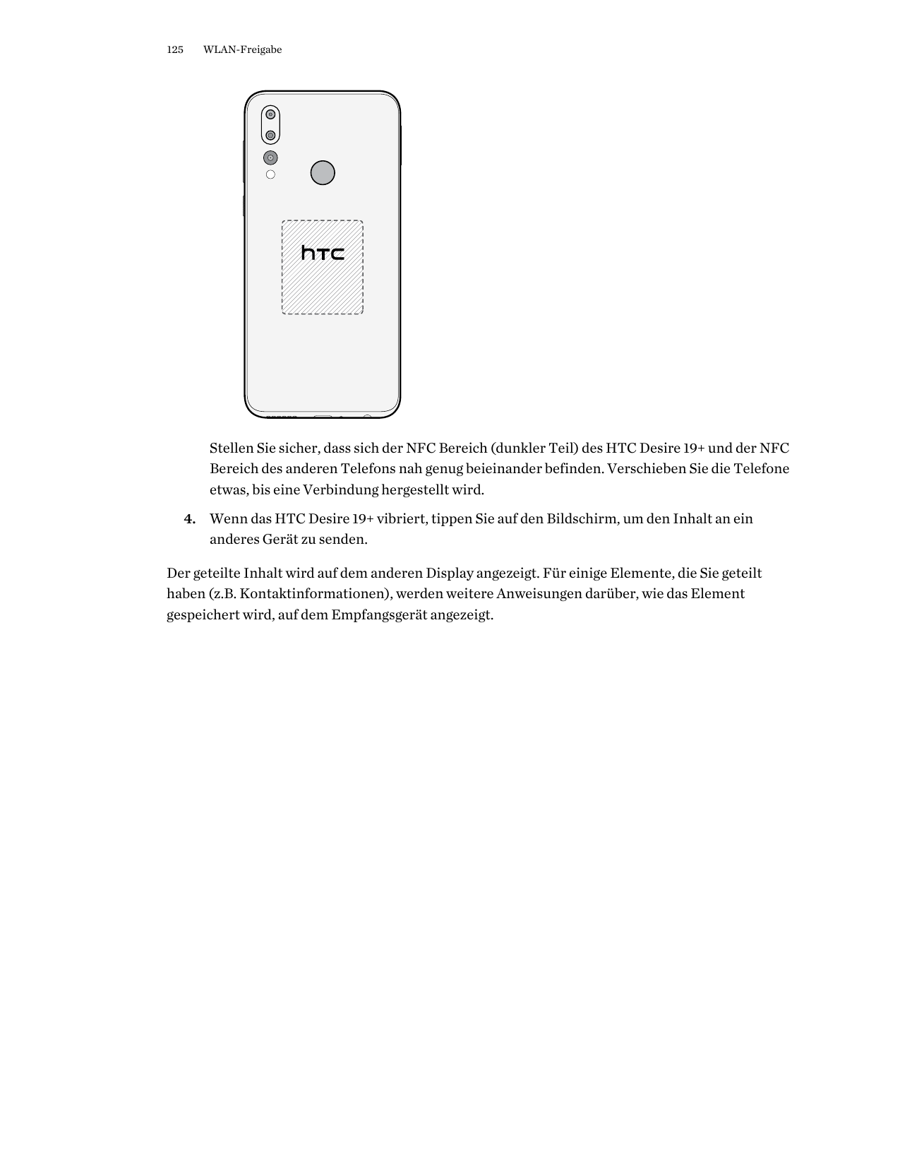 125WLAN-FreigabeStellen Sie sicher, dass sich der NFC Bereich (dunkler Teil) des HTC Desire 19+ und der NFCBereich des anderen T